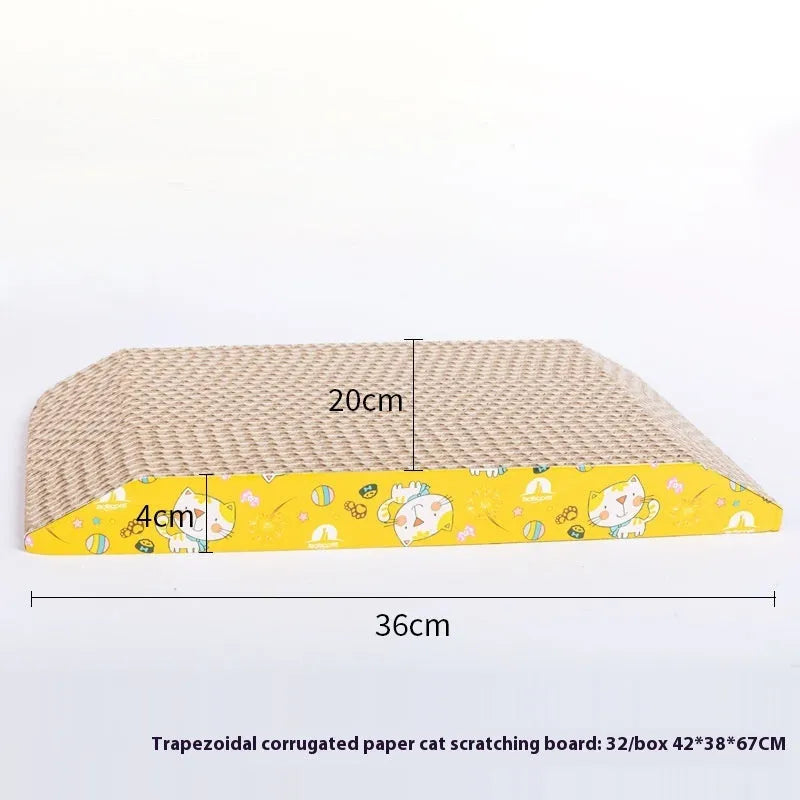 Corrugated paper cat scratch board in a geometric shape option such as bone type or trapezoid.