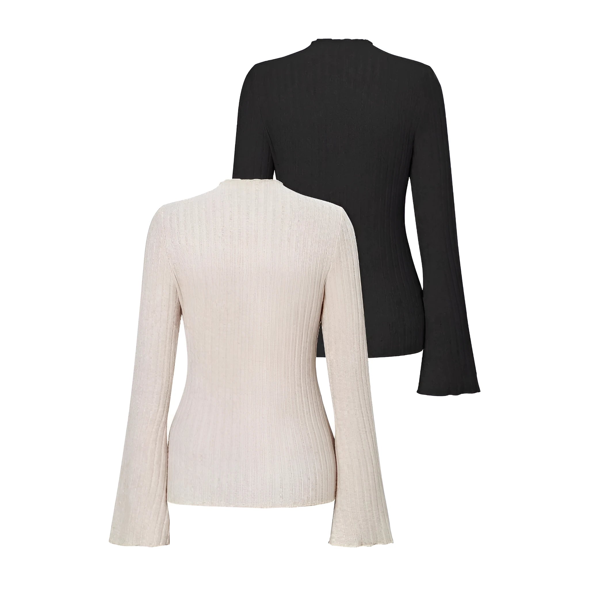 A person wearing a black long sleeve round neck top with a brushed sunken stripe texture and lantern sleeves.