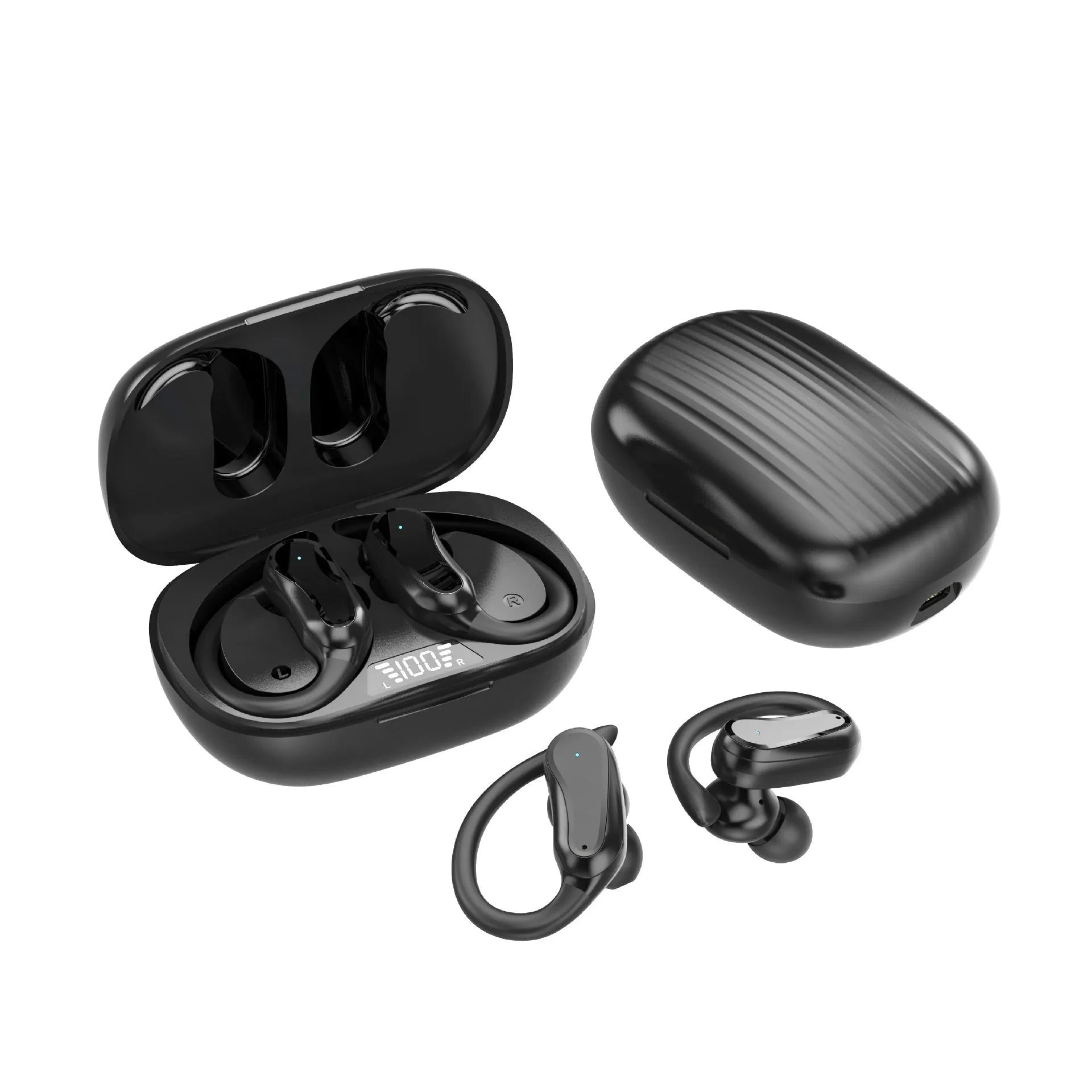 Black IPX7 waterproof ear-mounted sports wireless Bluetooth headset with silicone ear hooks and charging case