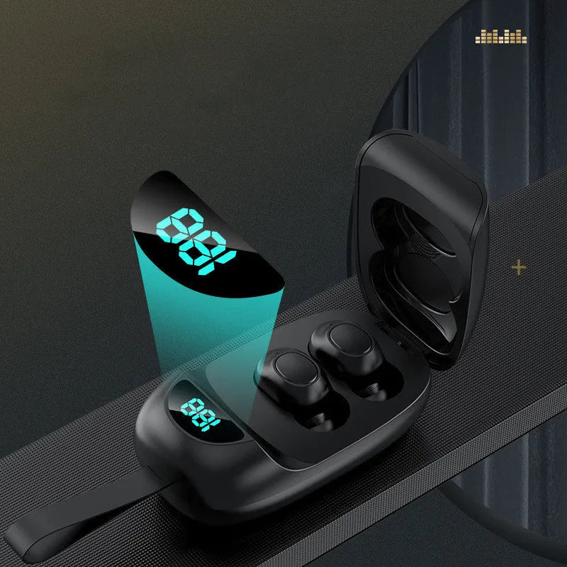Black JS25 true wireless Bluetooth headphones with charging case, showing touch controls.