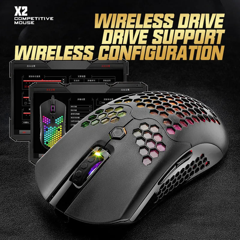 Free Wolf X2 wireless gaming mouse in black with RGB lighting, shown on a mouse mat