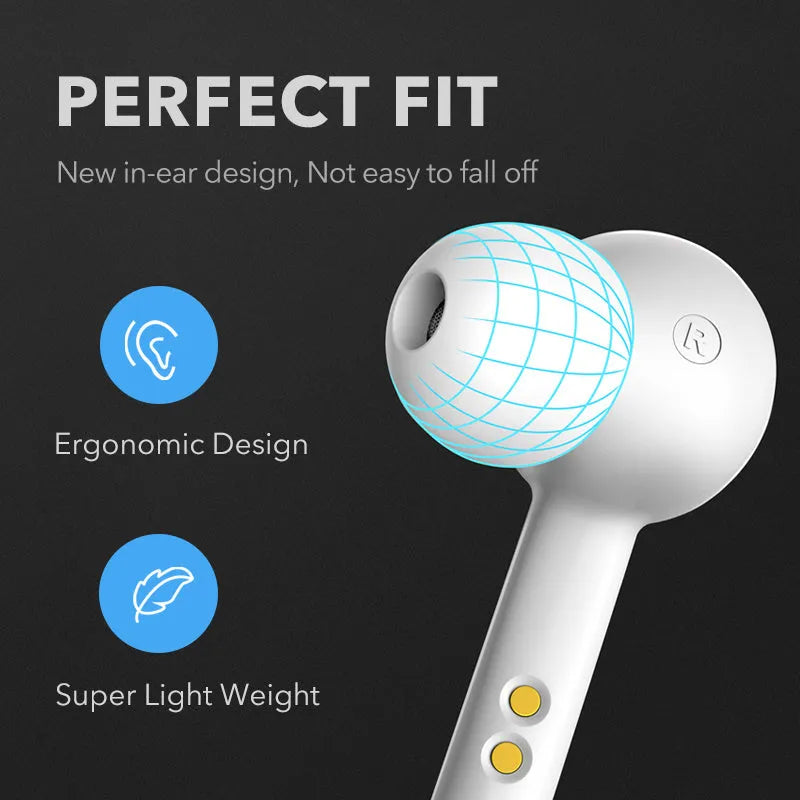 Black and white true wireless earbuds with charging case, showcasing compact plastic design for Bluetooth audio