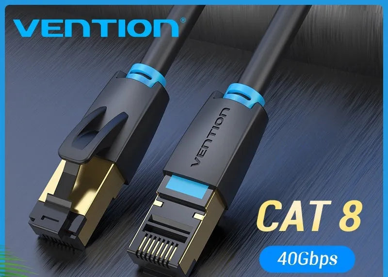 CAT8 10G high-speed Ethernet network cable showing flat and round style options with RJ45 plug.