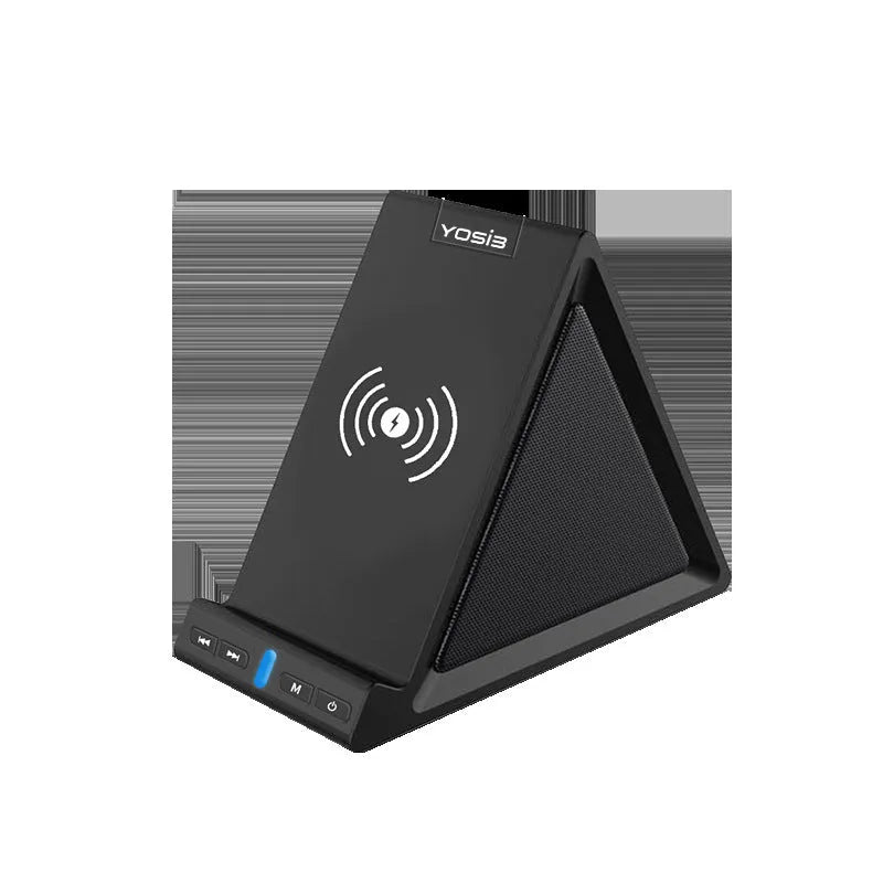 Matte black Bluetooth speaker with integrated phone stand and wireless charging pad on top.