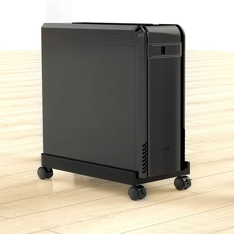 Orico black steel CPU floor stand with wheels holding a desktop PC tower, anti-skid pads visible