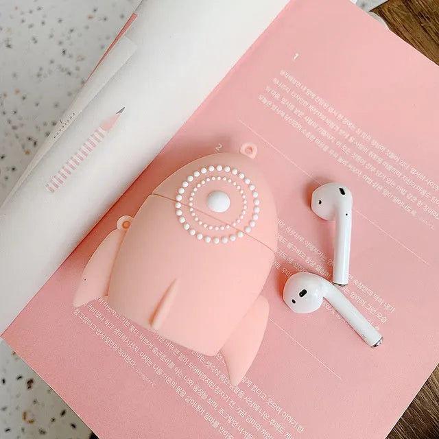 Pink silicone protective case with rocket design for Apple AirPods 1 and 2 charging case