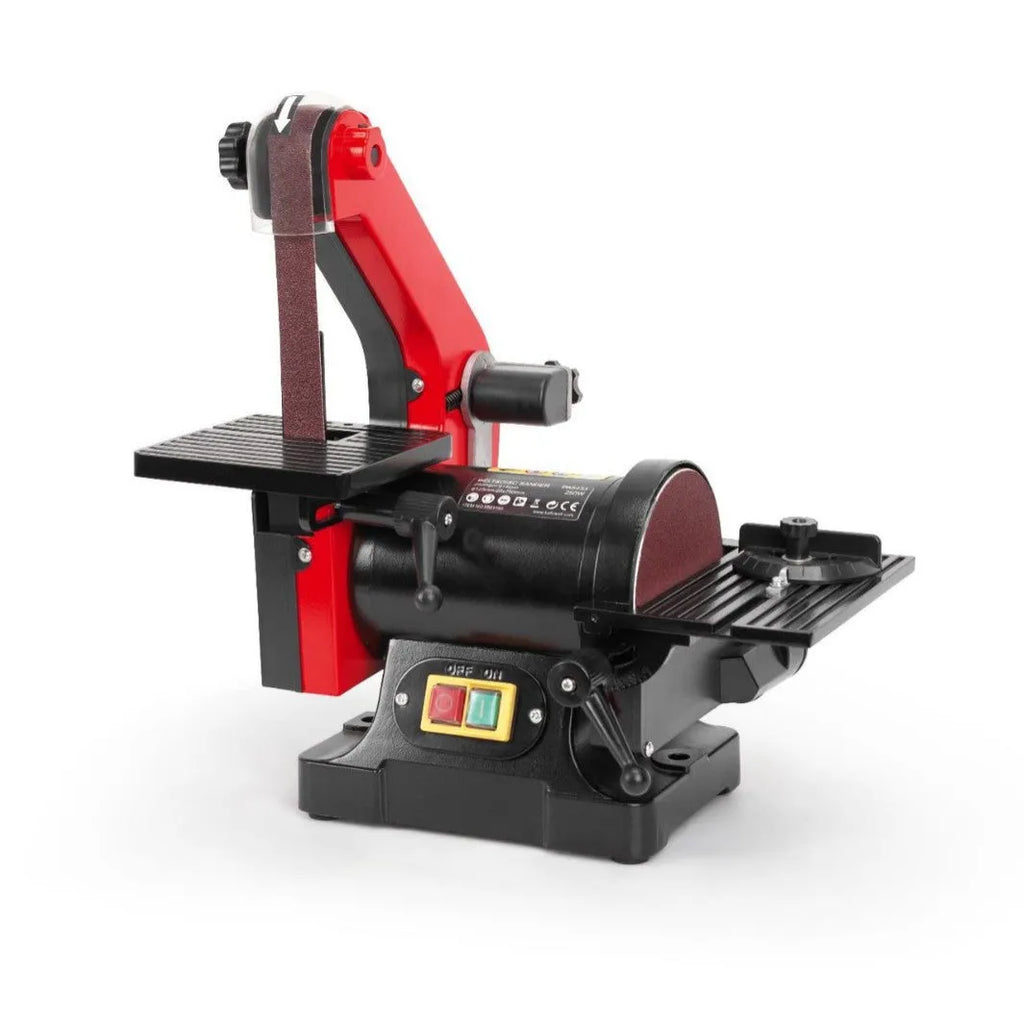 Small electric disc and belt sander for household use with EU plug and power cord on workbench