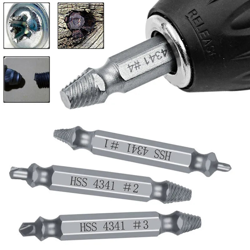 Six-piece screw remover extractor set with slip-tooth heads on a white background.