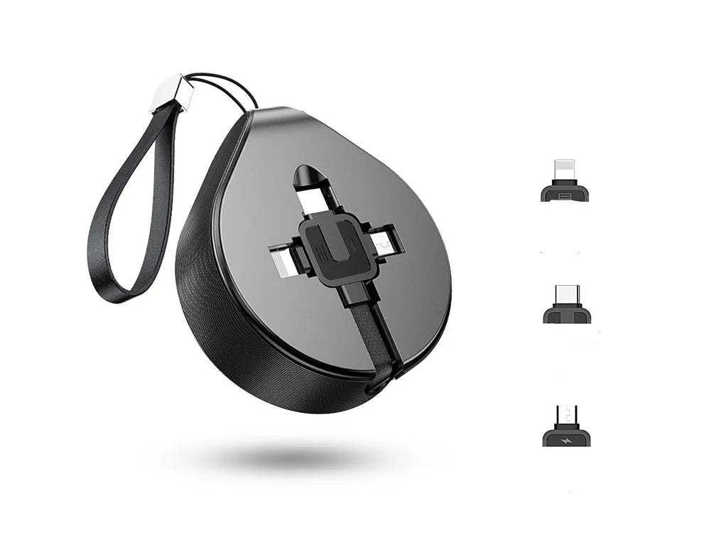 Black telescopic three-in-one fast charging cable extended to 1 metre with Lightning, USB-C, and micro-USB connectors.