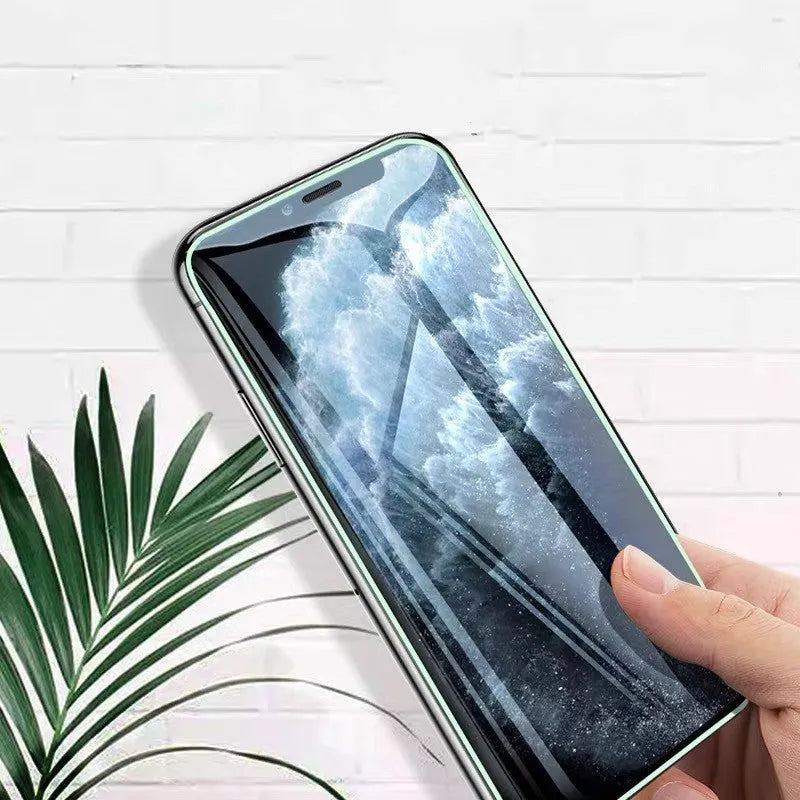 Luminous tempered glass screen protector for iPhone with glowing edges in dark setting