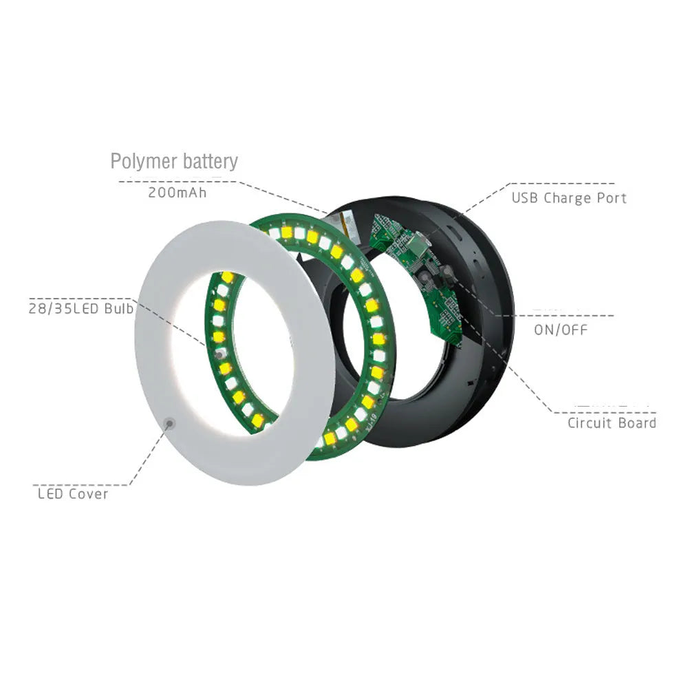 Black LED selfie ring light for mobile phones with USB cable, shown next to a smartphone.
