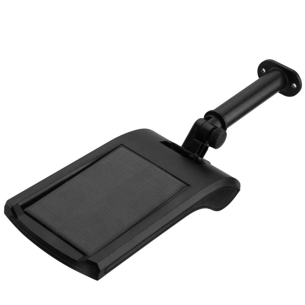 Black solar-powered outdoor wall light with motion sensor, diamond-pattern casing, and adjustable mounting pole.