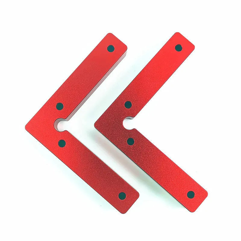 Silver anodised aluminium right-angle woodworking positioning block with engraved measurement scales