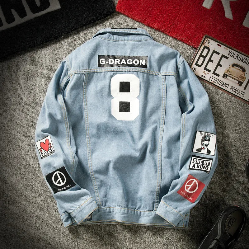 Blue casual denim jacket with lapel collar, loose fit, long sleeves, and multiple pockets