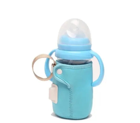 Long blue insulated cotton USB baby bottle warmer wrapped around a feeding bottle.