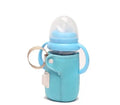 Long blue insulated cotton USB baby bottle warmer wrapped around a feeding bottle.
