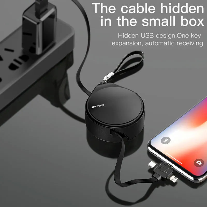 Black telescopic three-in-one fast charging cable extended to 1 metre with Lightning, USB-C, and micro-USB connectors.