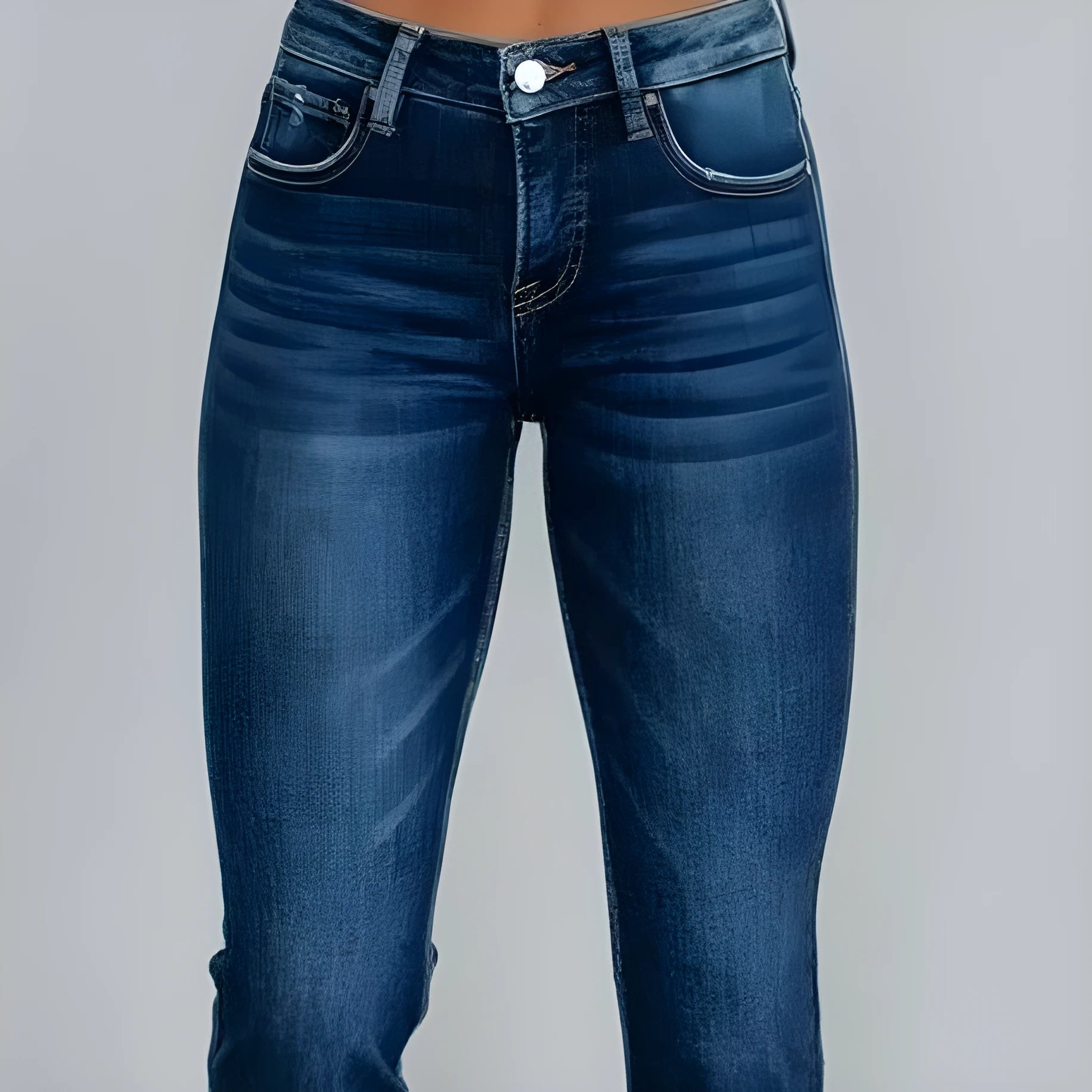 Women's solid colour denim pants with hand-worn distressing in dark blue and light blue.