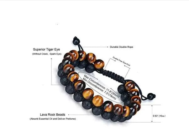Tiger's Eye and Lava Stone bracelet on wrist, golden yellow tiger's eye and black lava beads