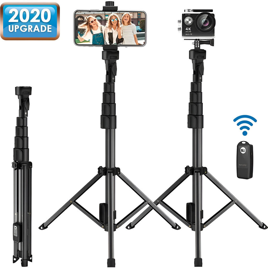 Black aluminium alloy selfie stick tripod compatible with iPhone in extended and collapsed positions