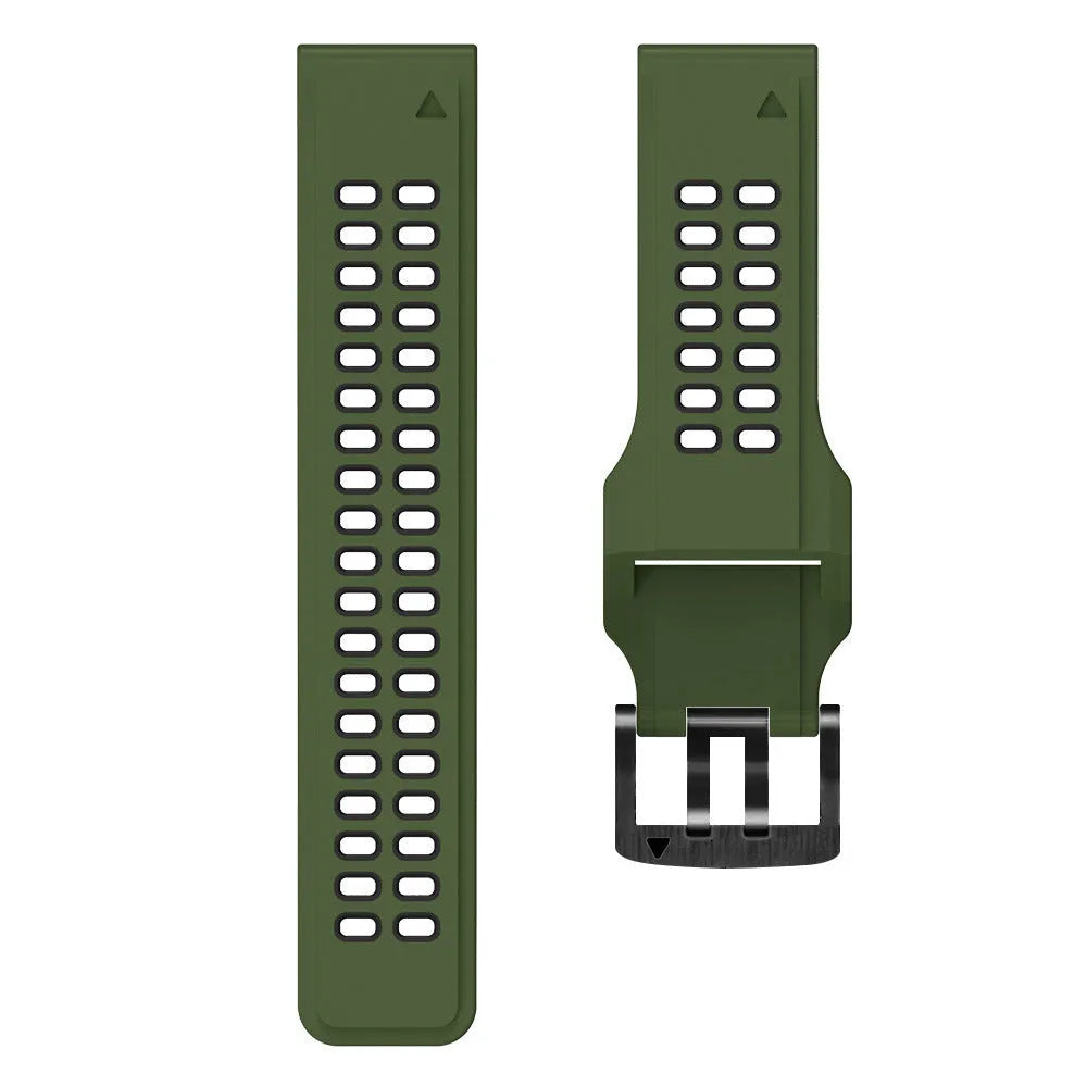 Quick release two-colour silicone watch strap showing black and orange colour combination with pin buckle closure