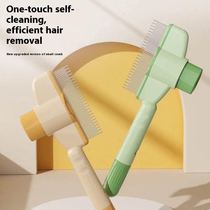Yellow and green pet grooming comb with stainless steel teeth and release button for cats dogs