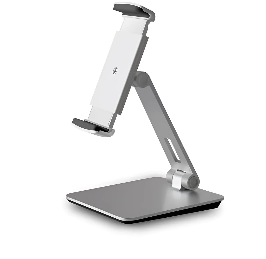 Foldable aluminium phone and tablet stand with black silicone protection showing 360-degree rotation capability