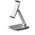 Foldable aluminium phone and tablet stand with black silicone protection showing 360-degree rotation capability