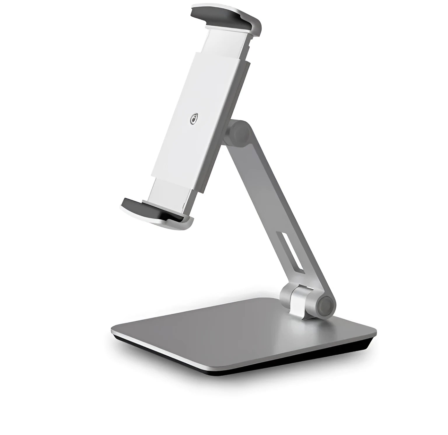 Foldable aluminium phone and tablet stand with black silicone protection showing 360-degree rotation capability