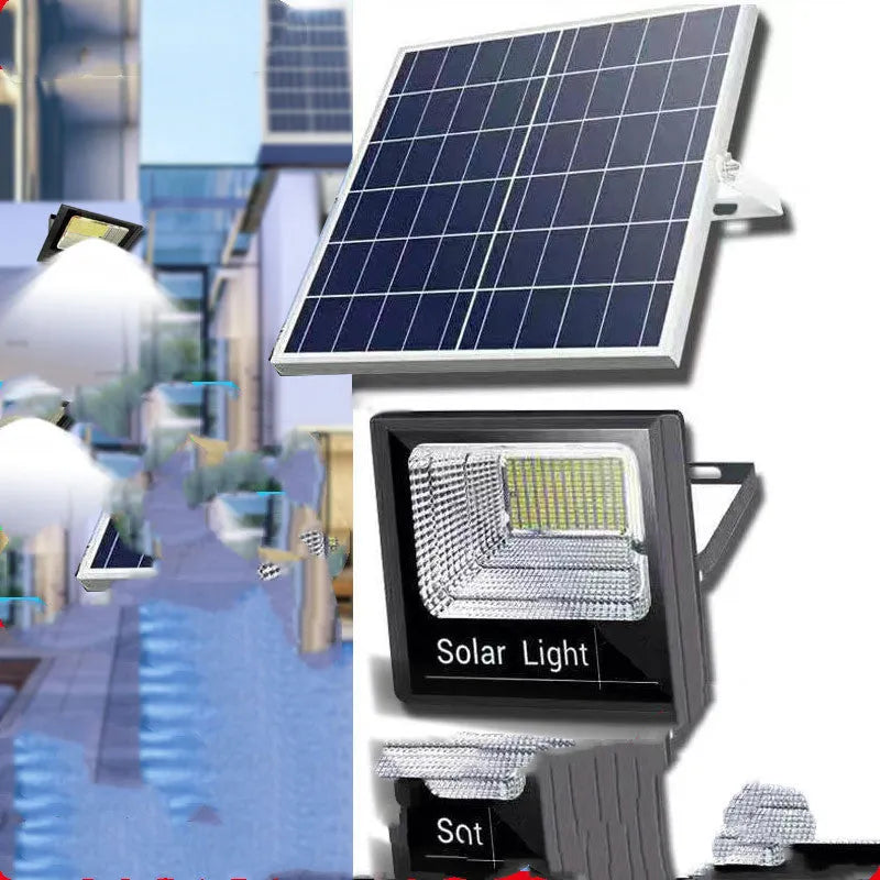 Black Cornucopia solar-powered LED flood light mounted on a wall bracket with remote control.