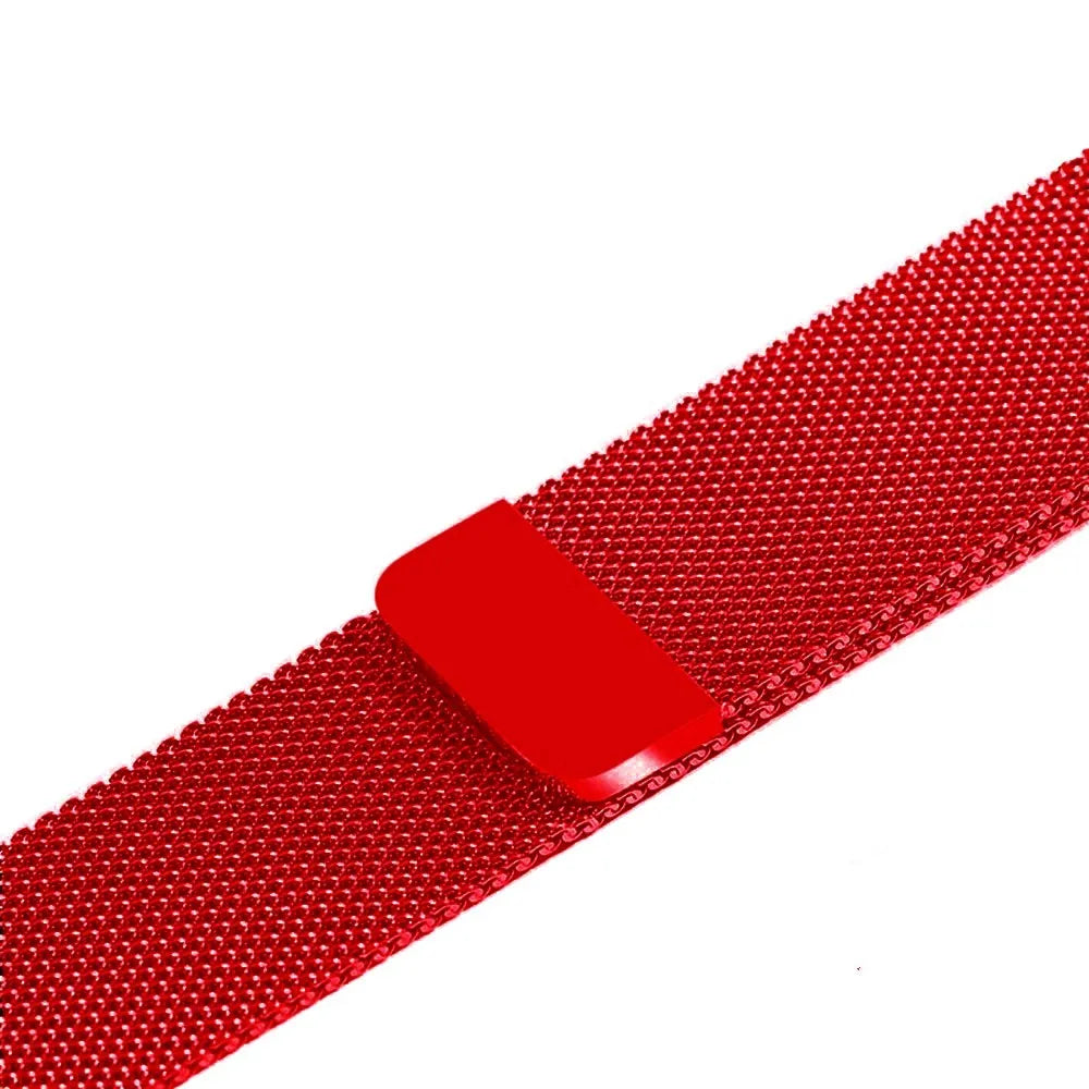 Stainless steel watch strap in silver, shown next to black, gold, and rose gold colour options.