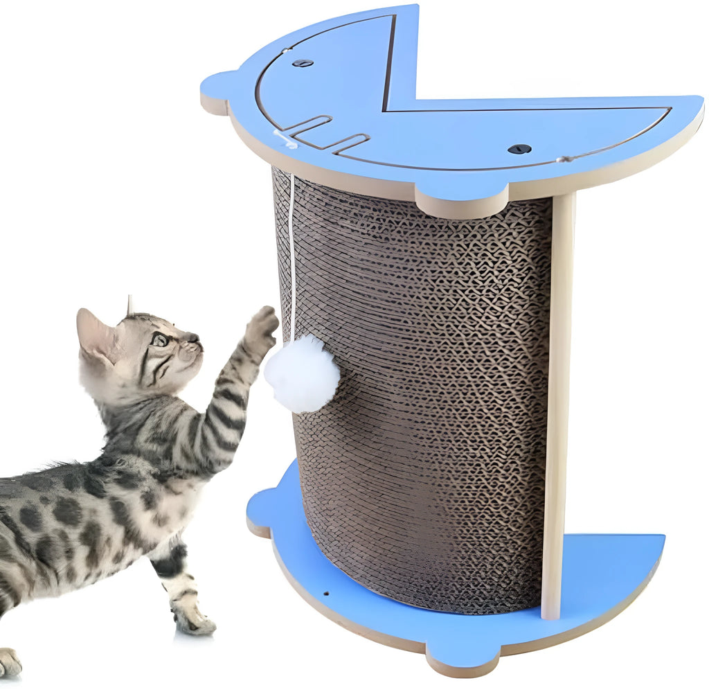 Cat corner scratcher cardboard pad for wall placement with hanging ball attachment