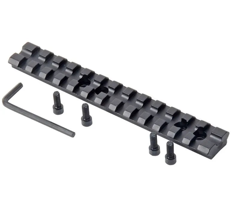 Black aluminium shotgun scope mount with 140mm rail, 13 slots, screws and Allen key for Mossberg 500