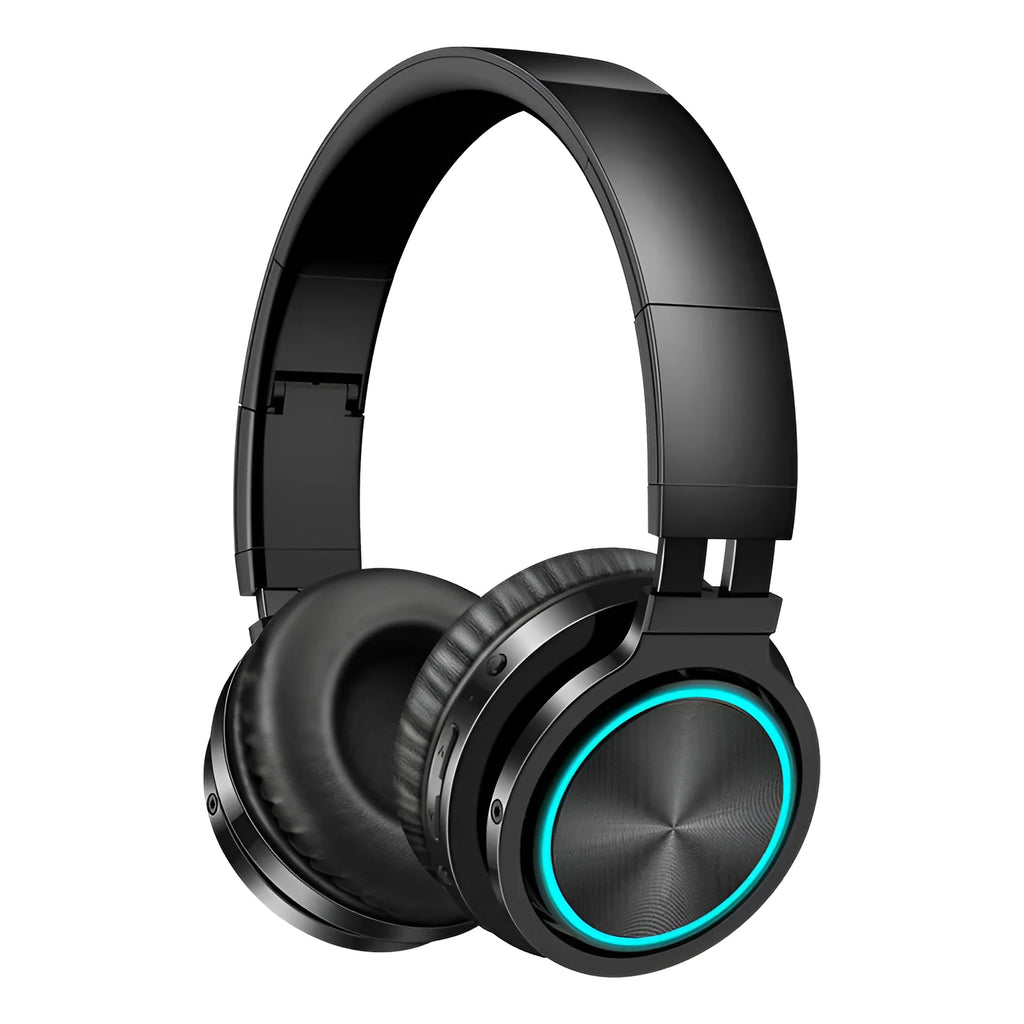 B12 wireless folding headset in black, red, and grey colour variants showing head-mounted design.