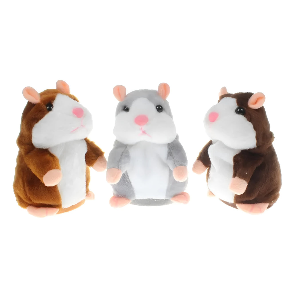 15cm tall light brown plush talking hamster toy with head-bobbing function.