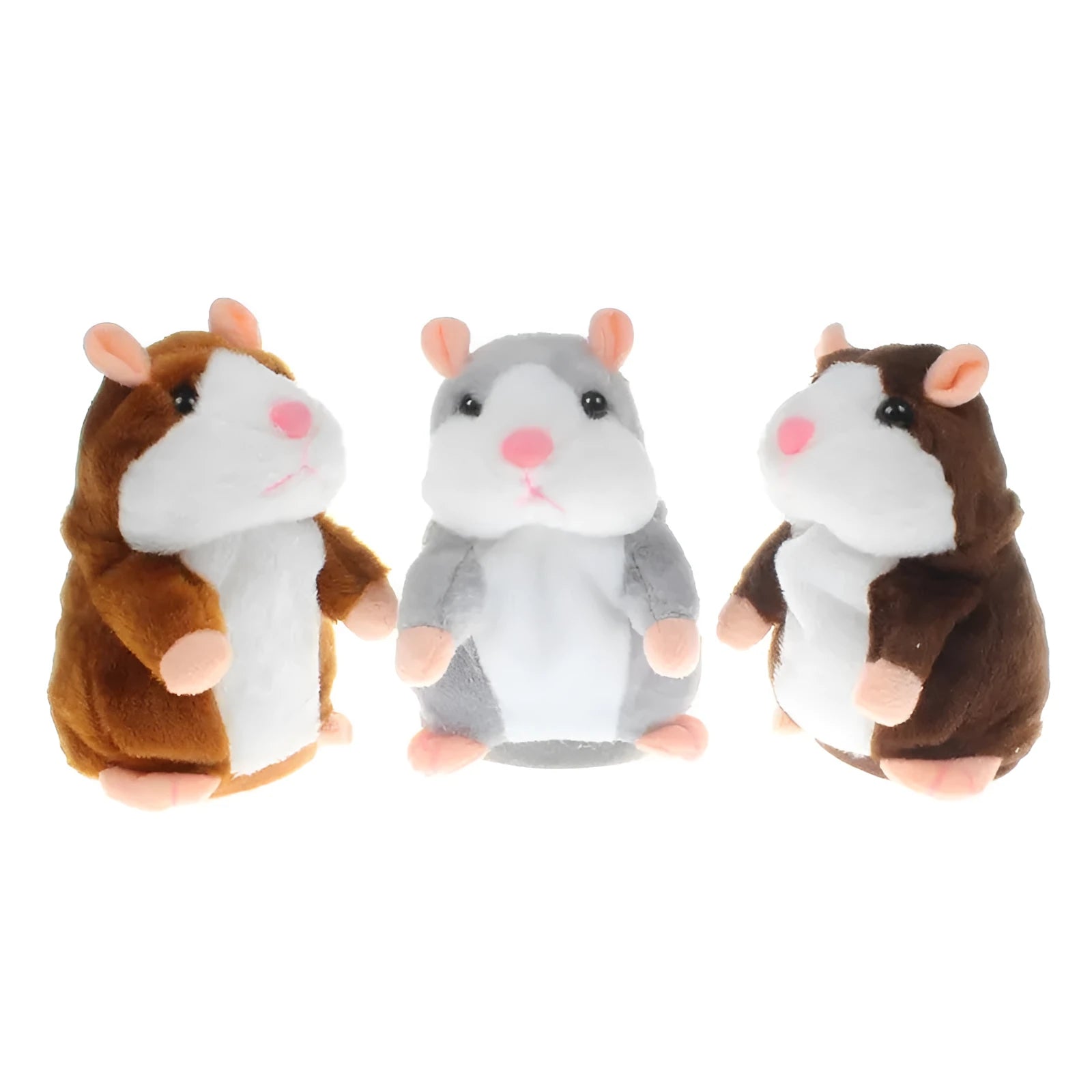 15cm tall light brown plush talking hamster toy with head-bobbing function.