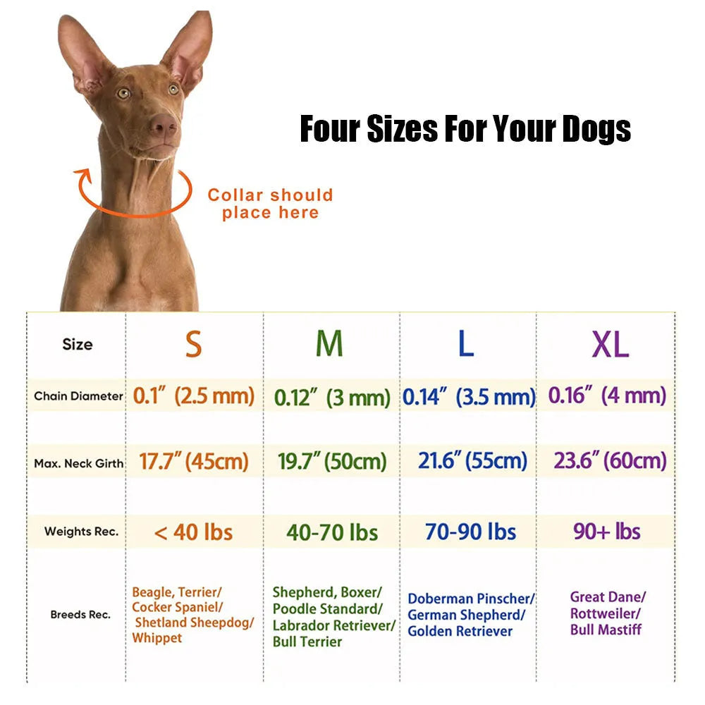 Stimulation dog training collar with prongs, nylon cover, and reflective strip in various colours and sizes.