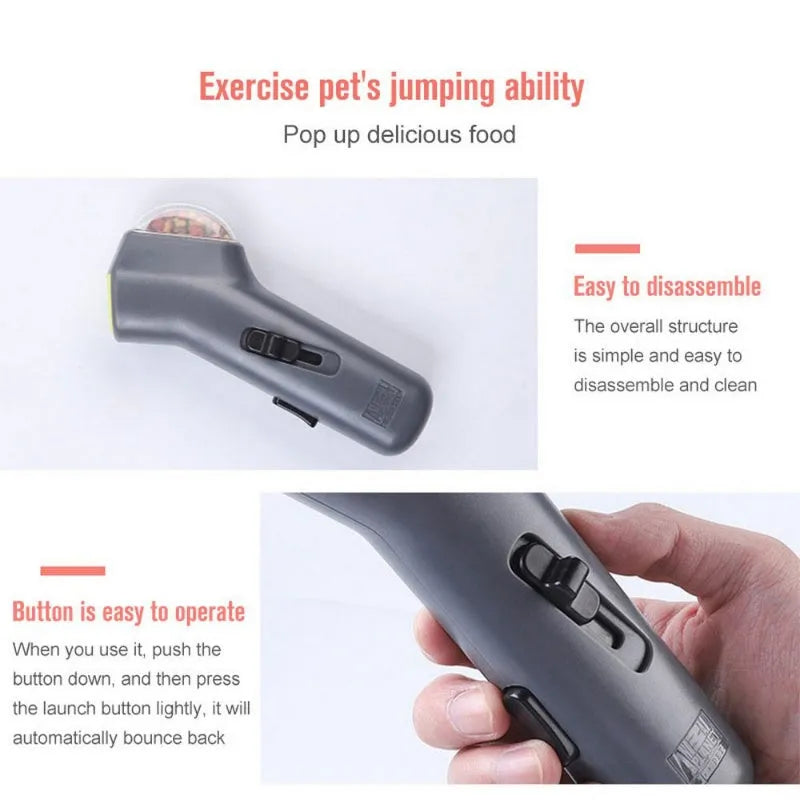 Grey pet snack catapult launcher toy on grass, showing spring trigger and treat slot.
