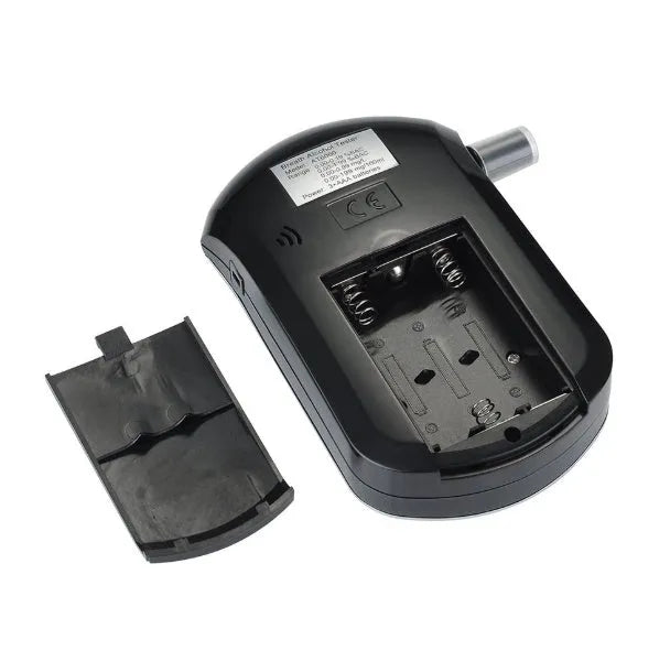 Black portable alcohol breathalyser tester with digital screen and mouthpiece