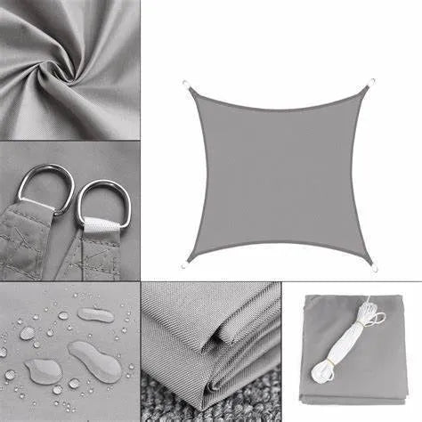 Curved square UV protection shade sail in garden setting showing 3x4 metre dimensions