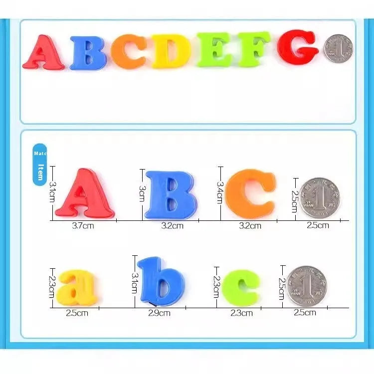 Early education magnetic plastic stickers set of 78 pieces in HM1151 colour with English alphabet and digital Pinyin characters on a whiteboard