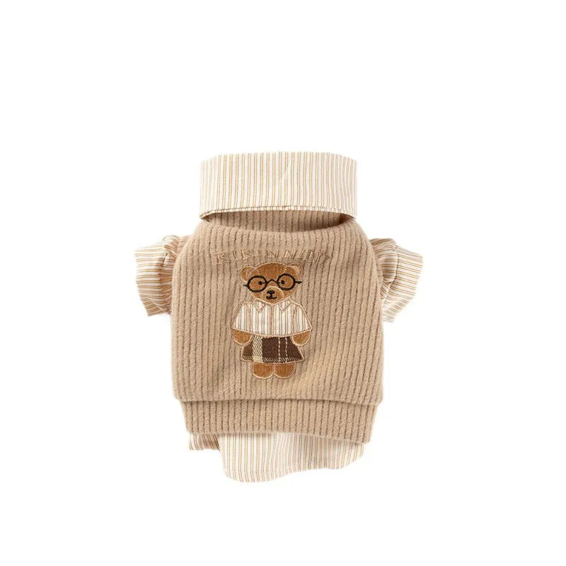 Brown striped two-legged knitted pet coat for small dogs and cats autumn winter