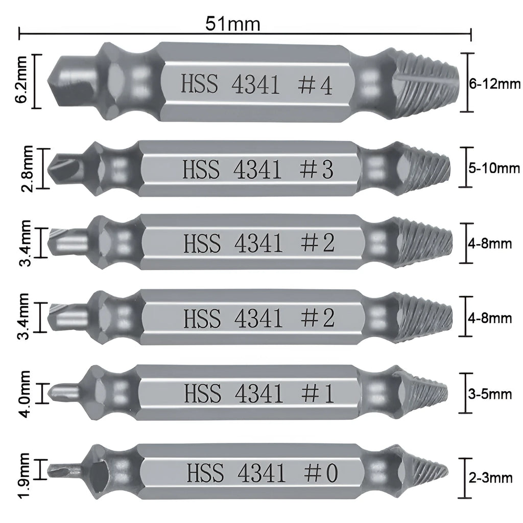 Six-piece screw remover extractor set with slip-tooth heads on a white background.