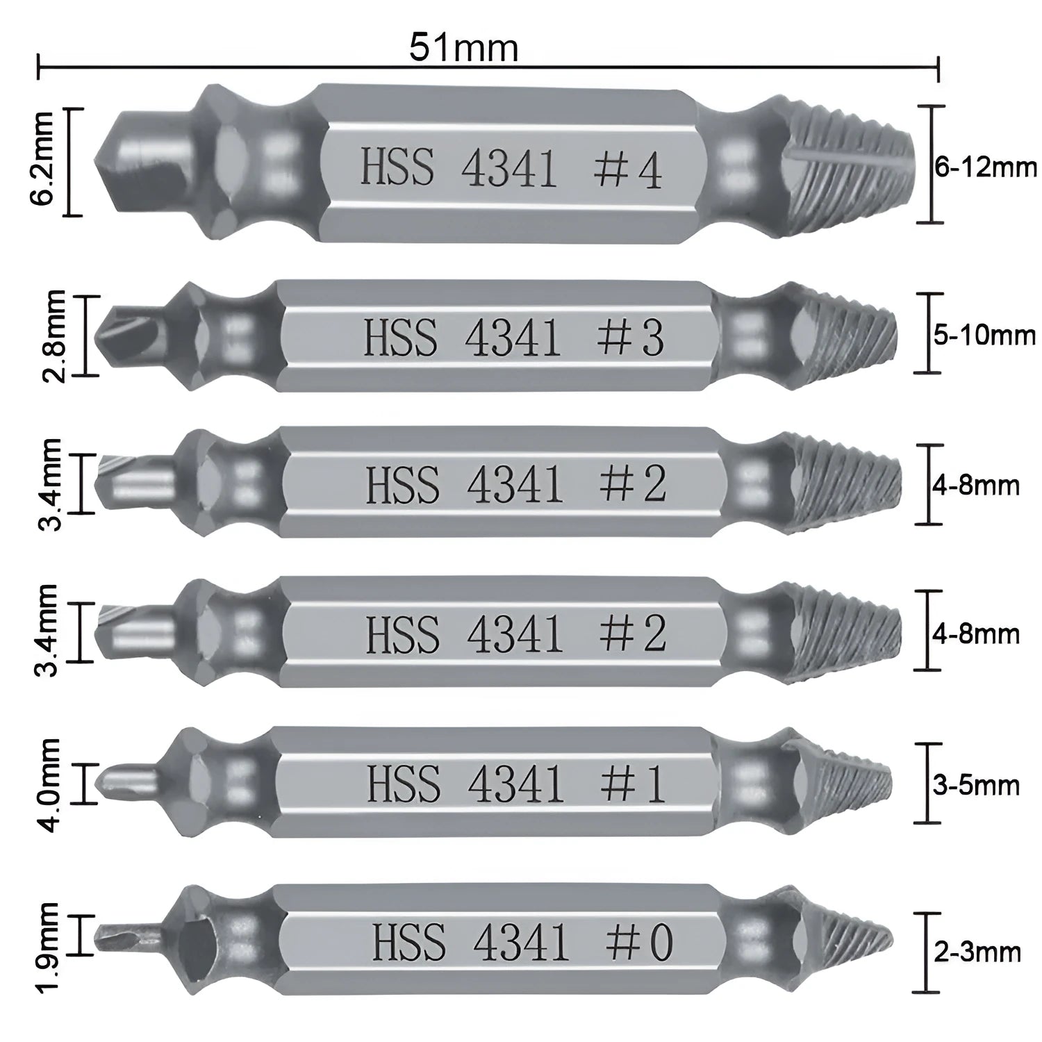Six-piece screw remover extractor set with slip-tooth heads on a white background.