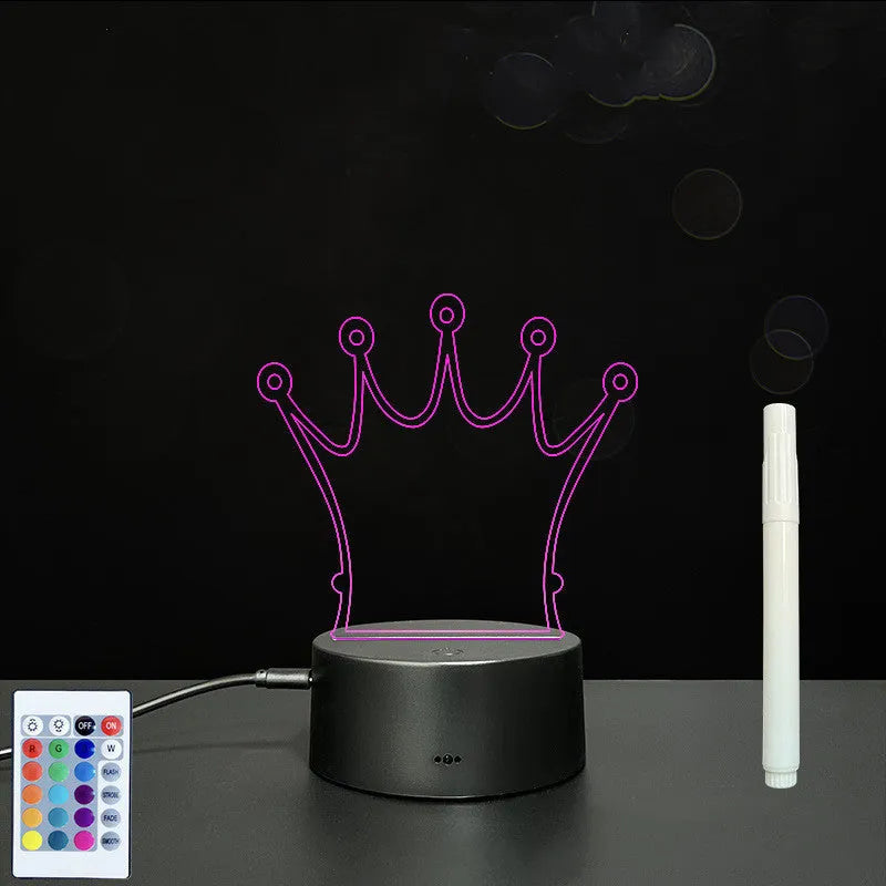 3D acrylic LED message board with touch control, black ABS base, USB cable, and stylus pen on desk
