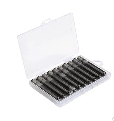 Ten black rubber fountain pen ink sacs with small silver metal nipple rings for repair