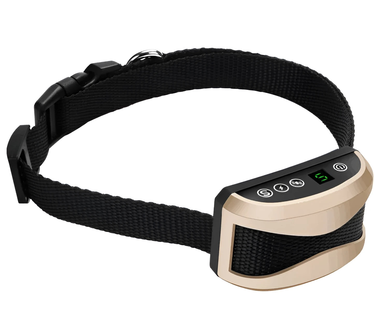 Digital bark training collar with adjustable strap on black, gold, and silver colour backgrounds