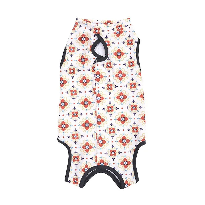 Adjustable velcro cat sterilisation recovery suit in a printed colour design, sizes S M L XL.