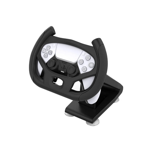 Black ABS gamepad steering wheel bracket with suction cup for mounting a smartphone.