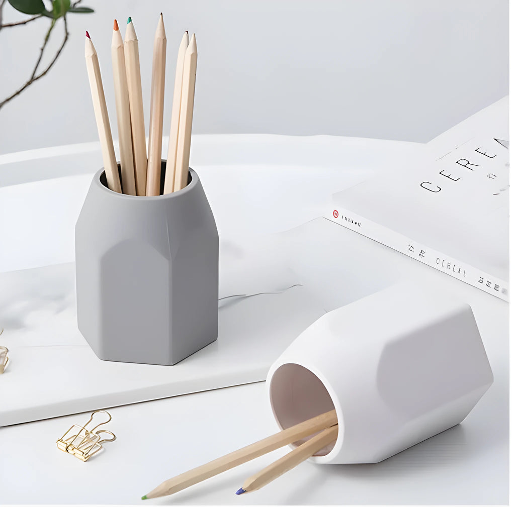 Round solid silicone pen holder in white, 80x95mm, on a clean desk with pens